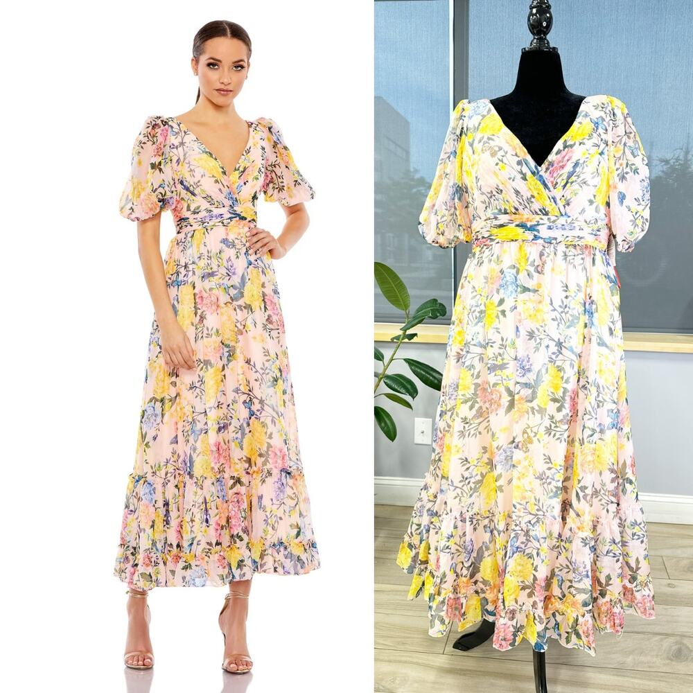 FLORAL PRINT CHIFFON PUFF SLEEVE TIERED HEM DRESS 68247 Size 14